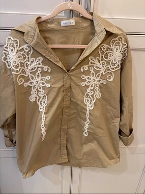 Galita Khaki Button-Down Shirt with White Embroidery